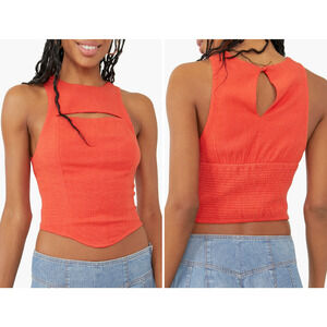 Free People Sneak A Peek Top Cutout Sleeveless Blouse Cherry Hearts sz L NWT